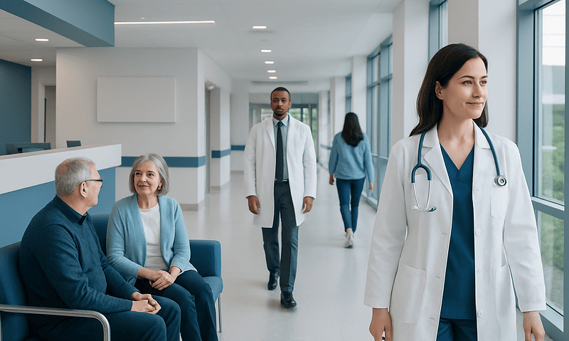 Is Salmon Skin Good for You? Causes, Explanations, and Next Steps 11 Healthcare professionals and patients in a modern hospital corridor.