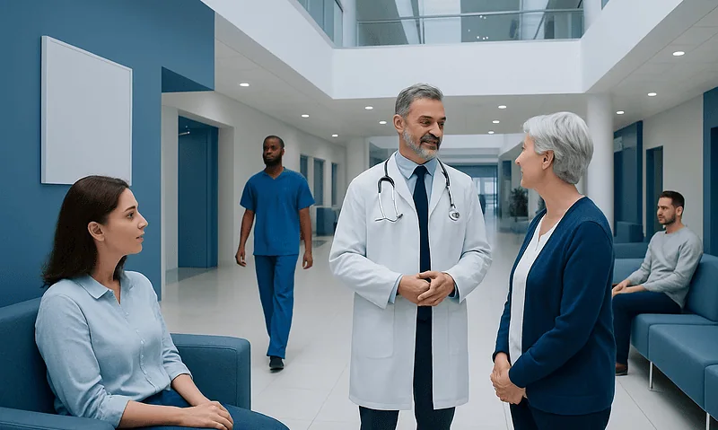 Doctor talking to a senior woman in a hospital lobby with patients nearby.