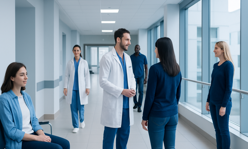 Medical team engaging in discussion at Acibadem Hospital corridor.