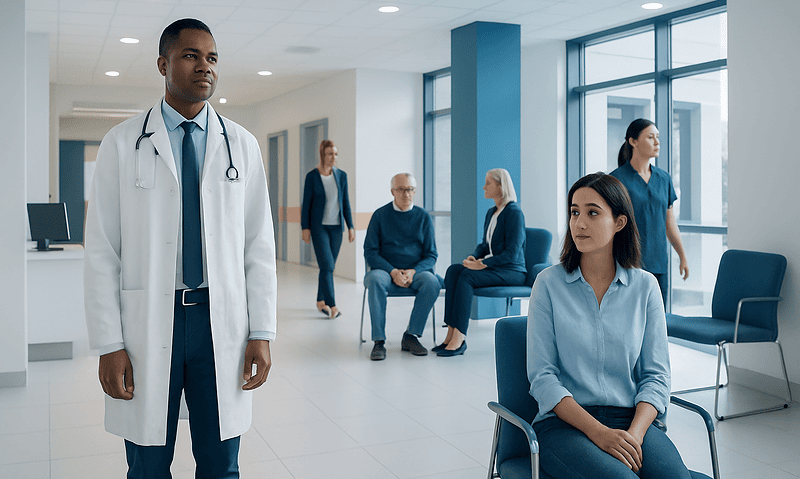 Medical professionals and patients in a modern hospital waiting area.