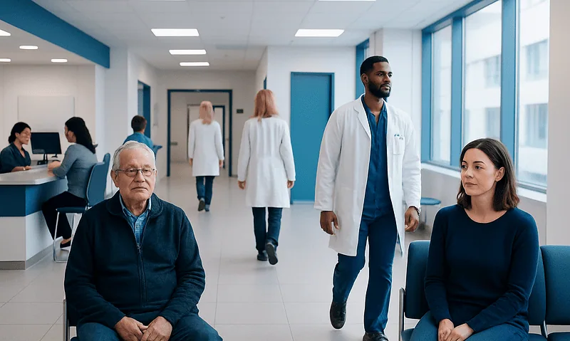 Patients waiting in a modern hospital corridor with medical staff nearby.