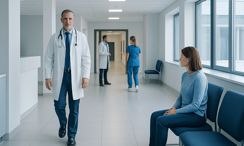 Doctor walking in hospital corridor with patient sitting nearby.