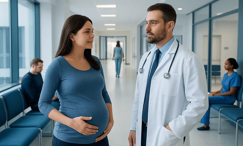 Pregnant woman consulting with a doctor in a hospital corridor.