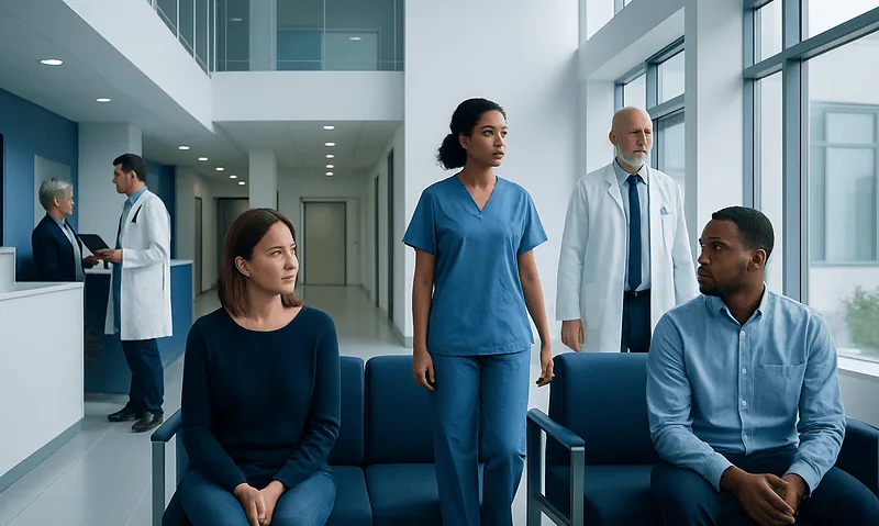 Diverse group of patients and medical staff in hospital waiting area.