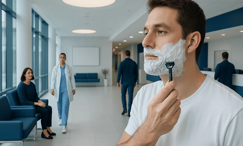 Man shaving with a razor in a hospital waiting area.