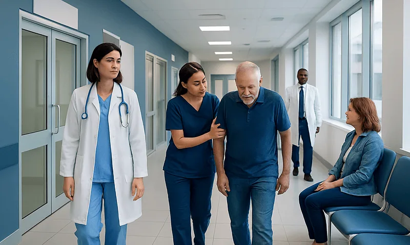 Healthcare professionals assisting an elderly patient in a hospital corridor.