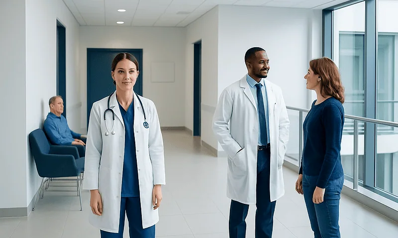 Medical professionals consulting with a patient in a hospital corridor.