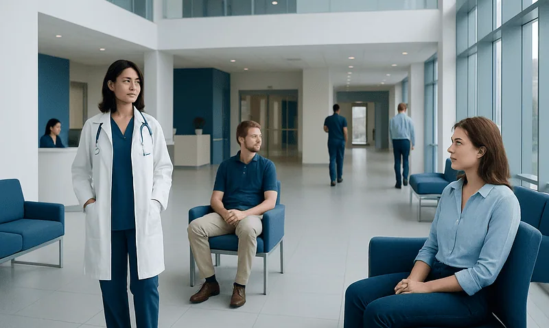 Healthcare professionals and patients in a modern hospital lobby.