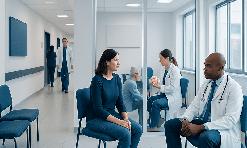 Medical consultation in a modern hospital with doctors and patient.