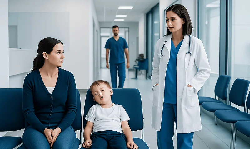 Child with sleep issues consulting a doctor in a hospital corridor.