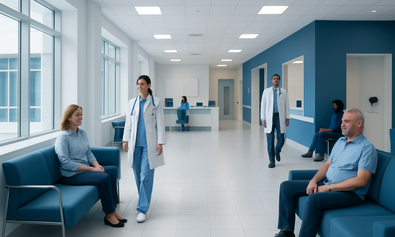 Modern hospital waiting area with patients and medical staff.