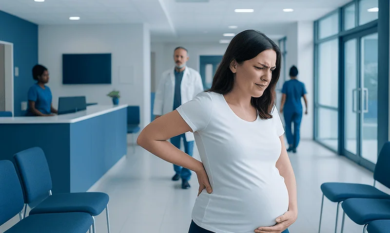 Sore Upper Back Pregnancy: What Is Normal, What Is Not, and When to Seek Care 4 Pregnant woman experiencing back pain in hospital corridor.