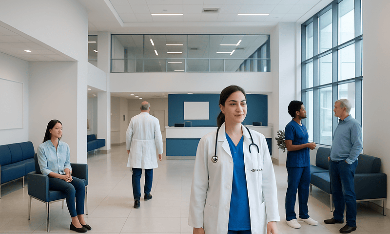 Healthcare professionals and patients in a modern hospital lobby.