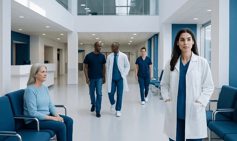 Healthcare professionals and patient in a modern hospital corridor.