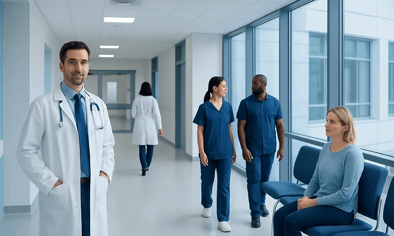 Medical professionals and a patient in a hospital corridor.