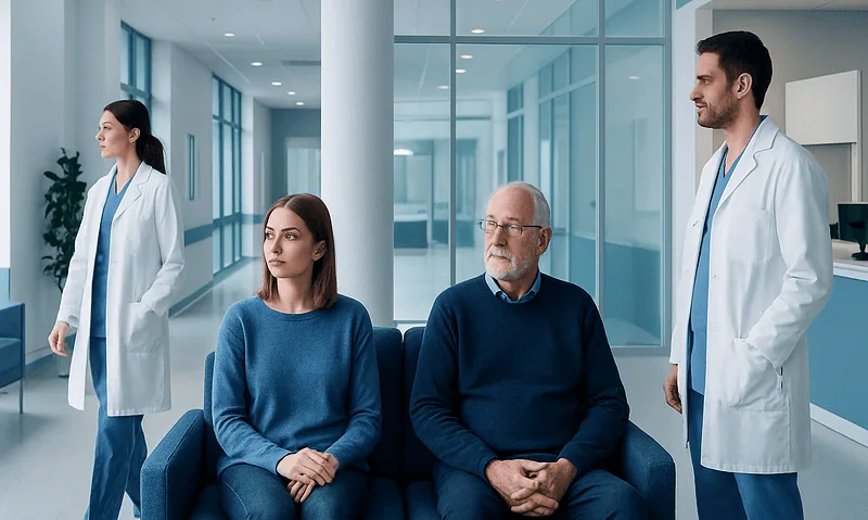 Patients waiting in a hospital corridor with medical staff nearby.