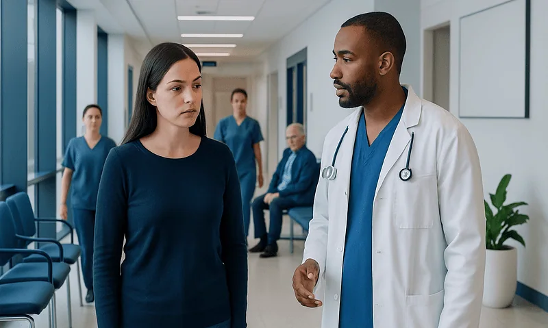 Doctor consulting a patient in a hospital corridor with staff in the background.
