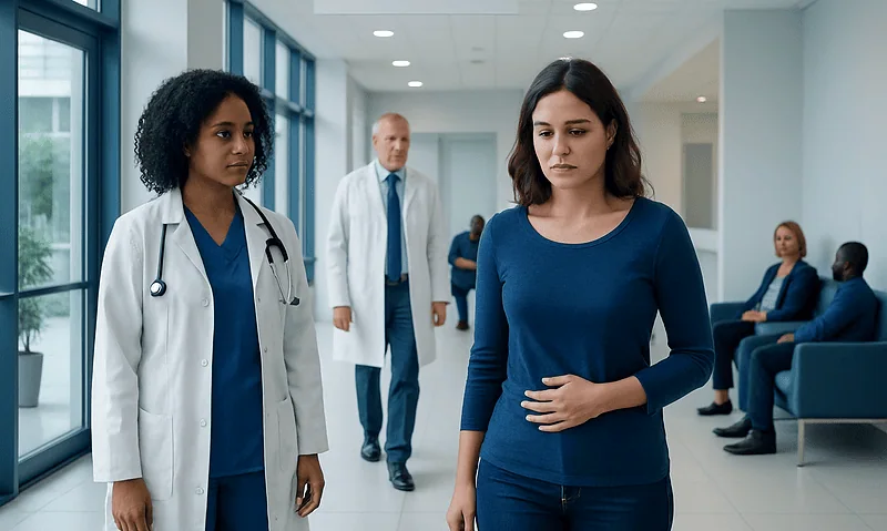 Woman experiencing discomfort in a hospital corridor with medical staff nearby.