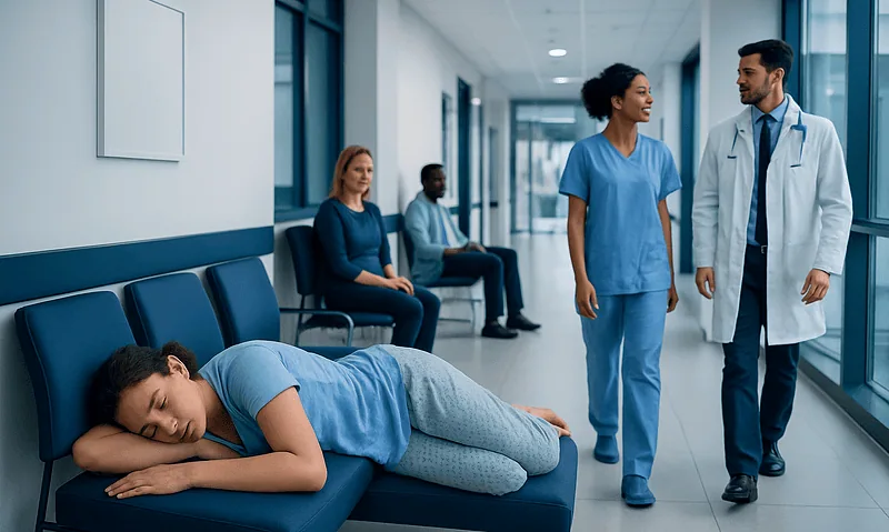 Young woman resting in hospital corridor with medical staff nearby.