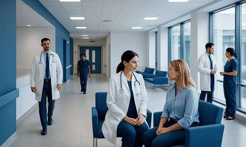 Medical professionals and patients in a modern hospital waiting area.