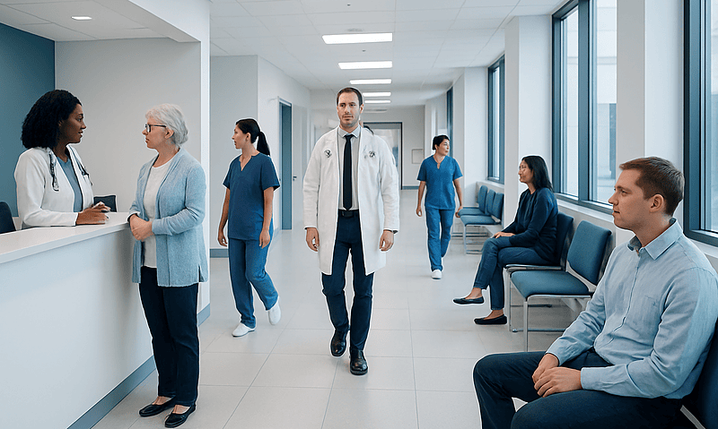Medical staff and patients in a modern hospital waiting area.