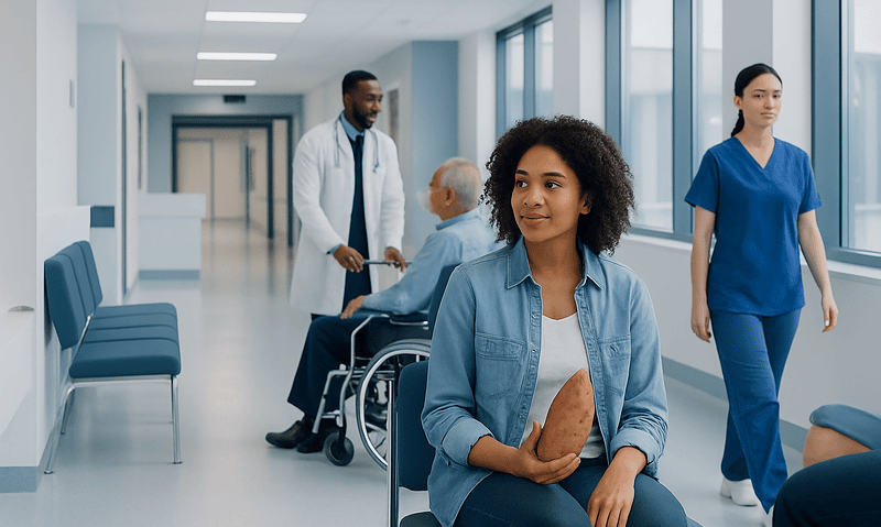 Young woman holding sweet potato in hospital corridor with medical staff.