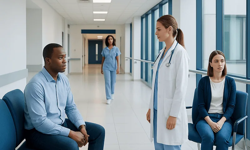 Medical consultation in hospital corridor with doctor and patients.
