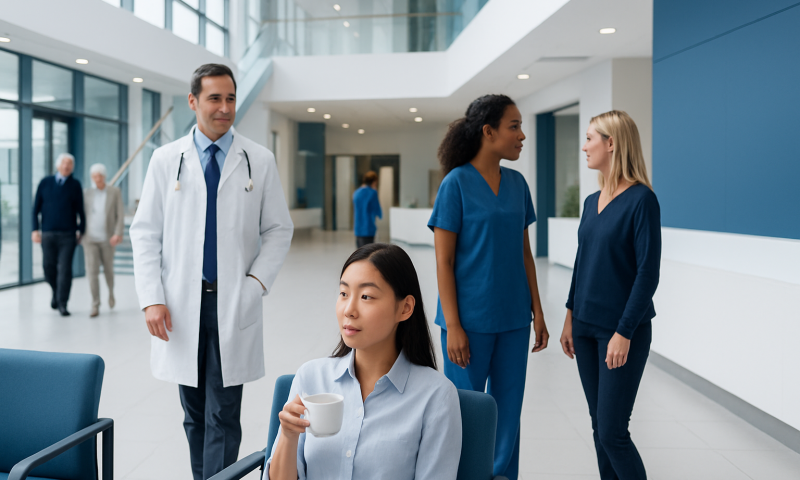 Medical professionals and a patient in a modern hospital lobby.