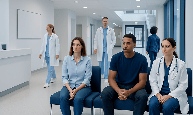 Medical team waiting in hospital corridor for patient care.