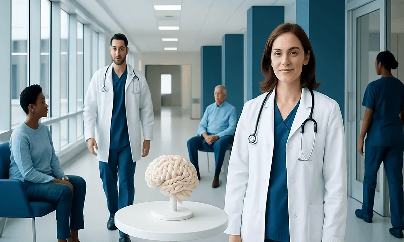 Medical team with brain model in hospital corridor.