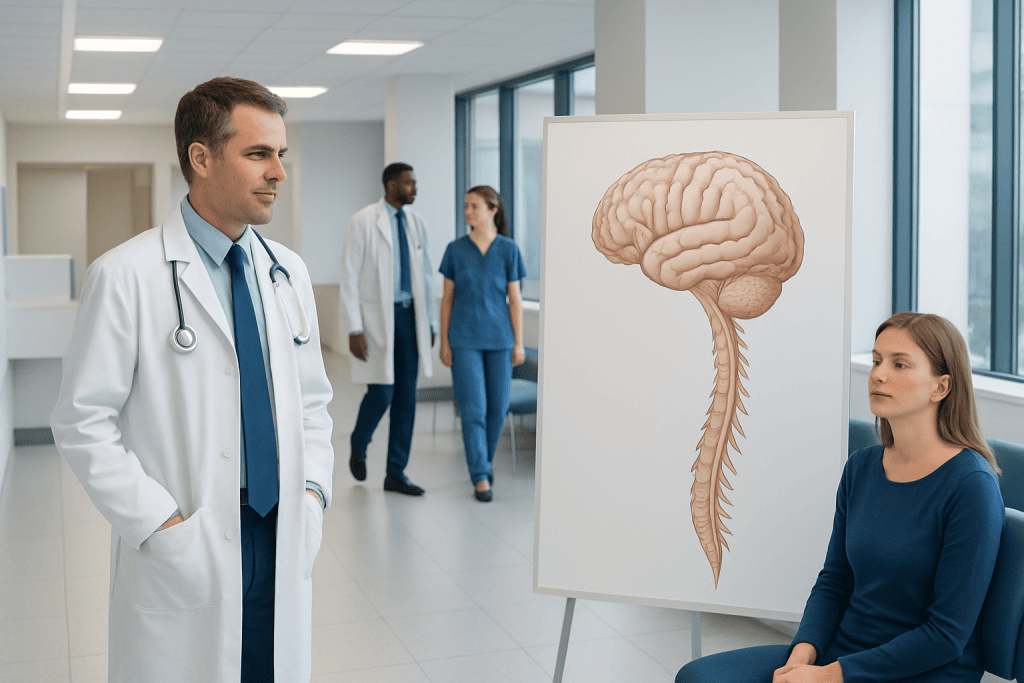 Is the Brain a Part of the Nervous System? 1 Medical professionals discussing brain anatomy in a hospital setting.