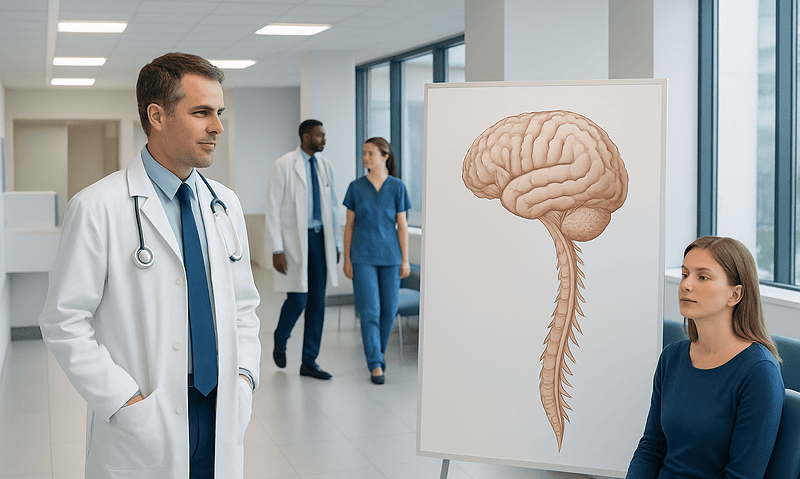 Medical professionals discussing brain anatomy in a hospital setting.