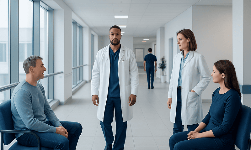 Doctors consulting with a patient in a hospital corridor at Acibadem Hospitals Group.