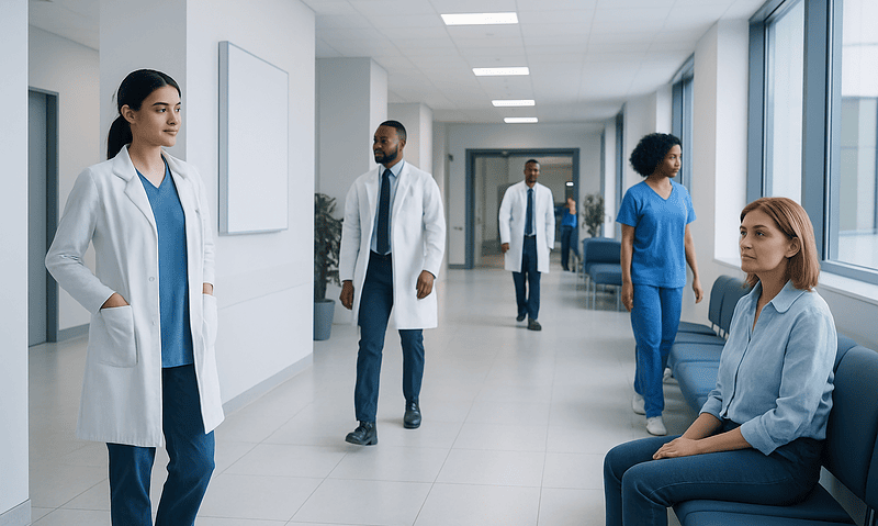 Healthcare professionals and patients in a modern hospital corridor.