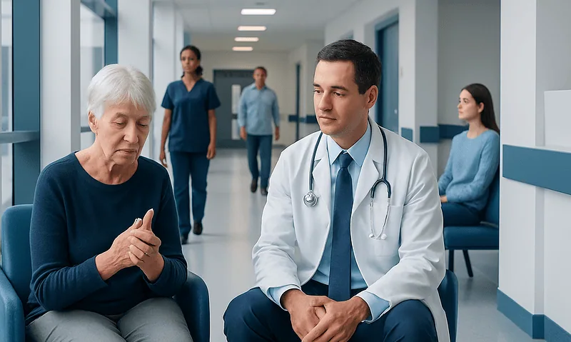 Doctor consulting elderly woman in hospital corridor for arthritis care.