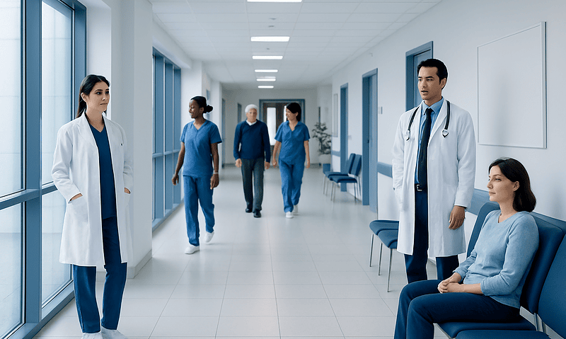 Cure for gastric: Common Causes, Warning Signs, and When to Worry 5 Medical team in hospital corridor with patient waiting area.