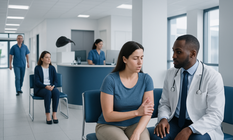 Cure for Heat Rashes Explained: Common Triggers and Red Flags 16 Doctor consulting with a patient in a modern hospital corridor.