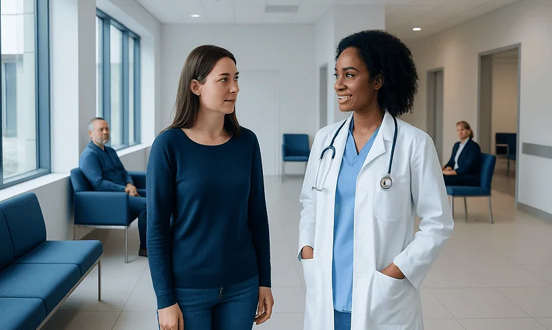 Doctor talking to patient in a hospital corridor.