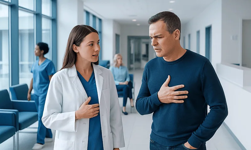 Patient experiencing heartburn discusses symptoms with doctor in hospital corridor.