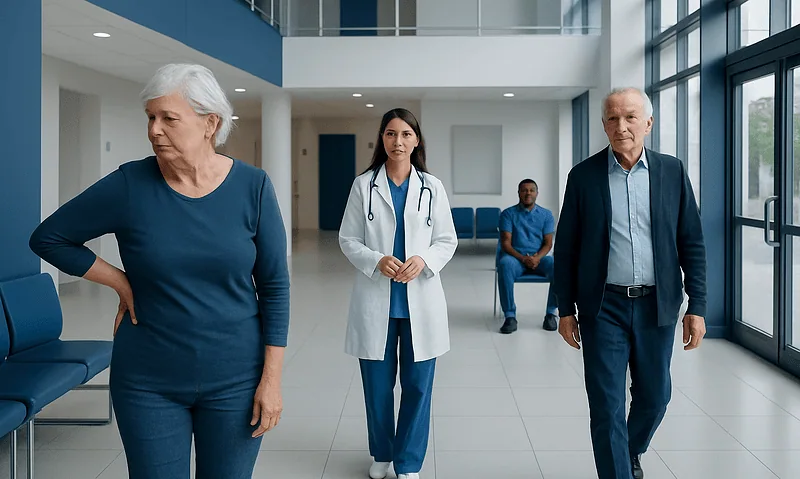 Senior patients and doctor in hospital lobby at Acibadem Hospitals Group.