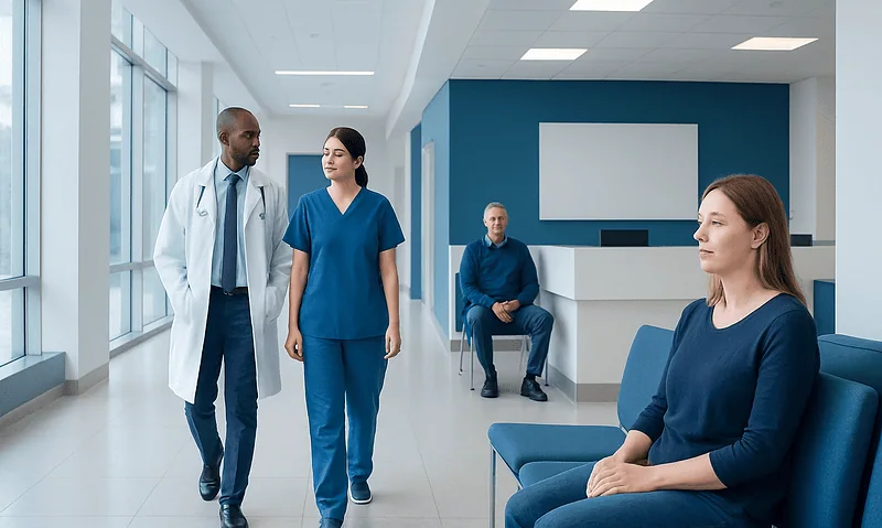 Patients and healthcare professionals in a modern hospital waiting area.