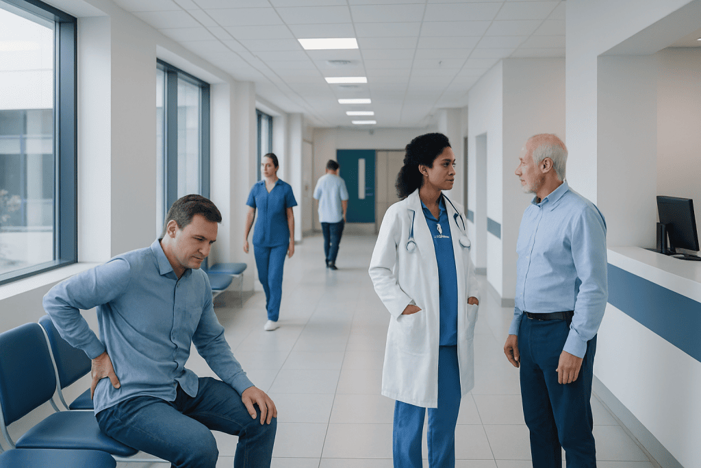 Can Back Pain Make You Constipated? Causes, Explanations, and Next Steps 1 Patients and medical staff in a modern hospital corridor.