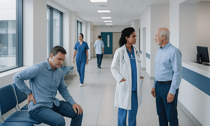 Patients and medical staff in a modern hospital corridor.