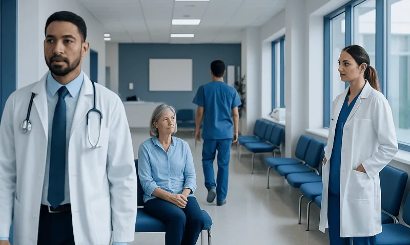 Medical team in hospital corridor with patient and staff members.