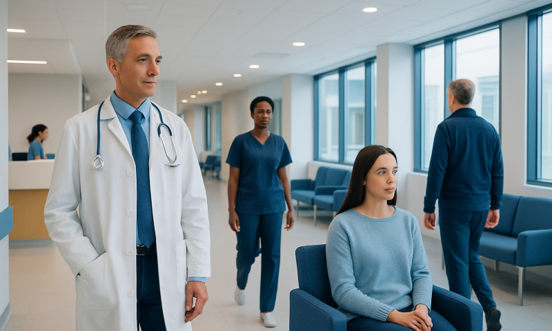 Doctor and patients in a modern hospital waiting area.