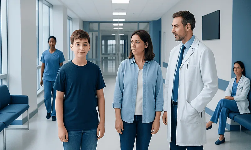 Doctor consulting a young patient in a hospital corridor.