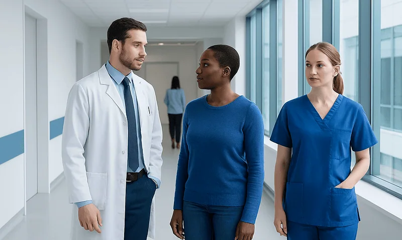 Medical professionals discussing patient care in hospital corridor.