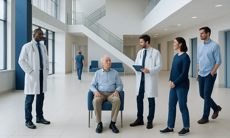 Medical team consulting with elderly patient in hospital lobby.