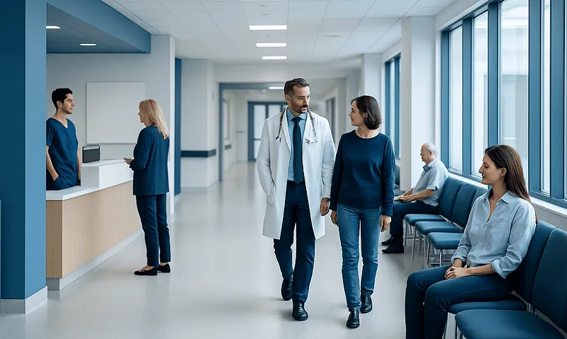 Modern hospital corridor with doctors and patients engaging in conversation.