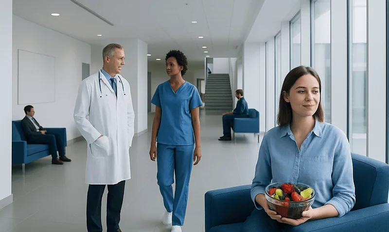 Healthcare professionals and patient in modern hospital corridor.